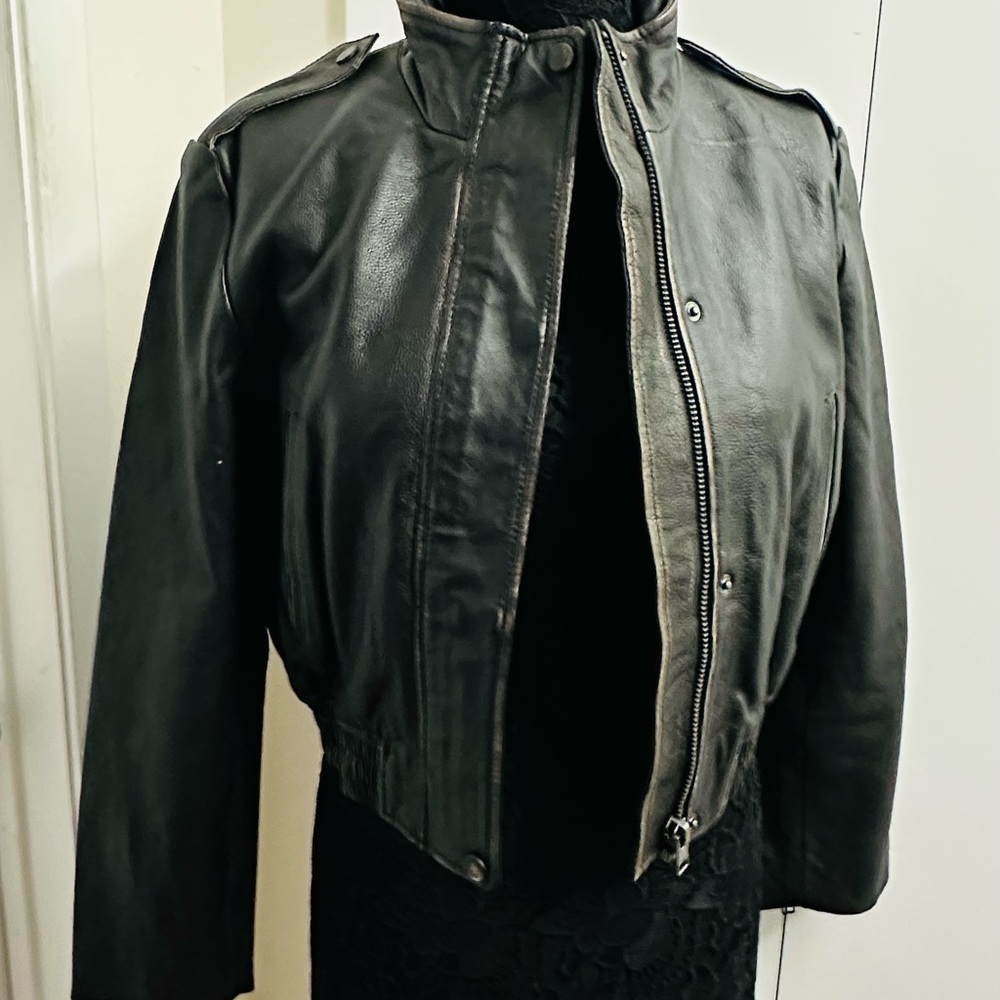 ZARA Black Leather Distressed Biker Jacket - Picture 3 of 16